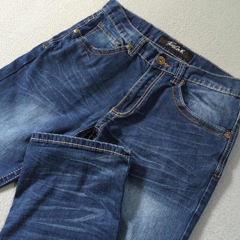 True Luck Mens Bootcut Jeans 30x30 Medium Wash Blue Denim Stretch Whiskers